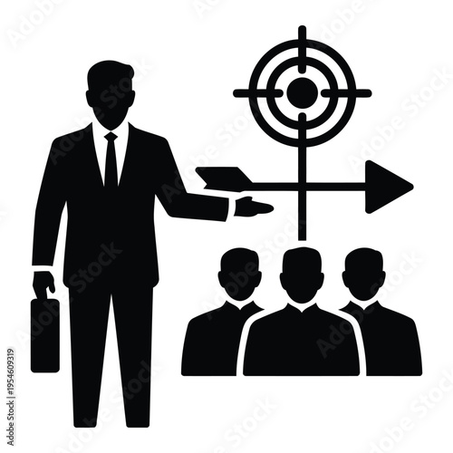 Business guidance vector .eps showing leader pointing direction with target aim and team following strategy leadership concept in modern flat silhouette style