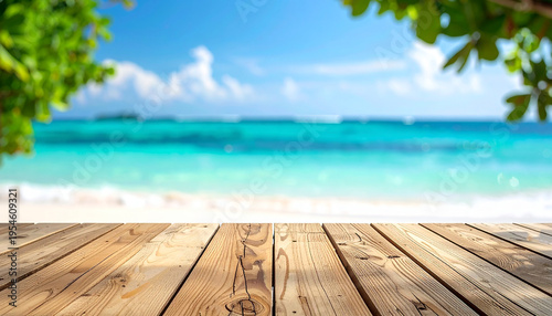 Natural wood flooring, blurred background of emerald sea, bright morning. Suitable for use as an illustration in product placement for advertising. Copy space.