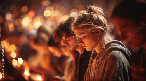 group of christians volunteering on mission trip and helping others with compassion faith and ministry purpose in a warm bokeh atmosphere of service and hope