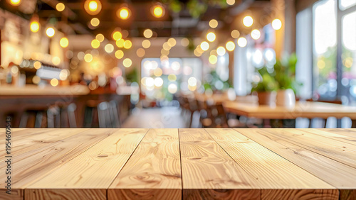 Wooden floor, blurred coffee shop background and bokeh effect.