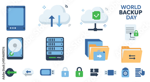 World backup day icon set with storage devices and cloud computing technologies