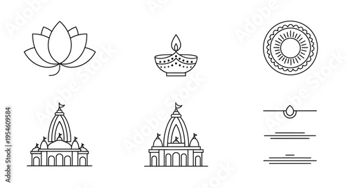 A collection of Indian cultural icons including a lotus flower, a diya lamp, a mandala, and two temple designs