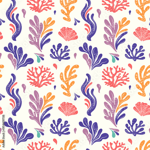 Underwater seamless pattern with seaweed, corals and ocean plants. Marine background with soft texture.