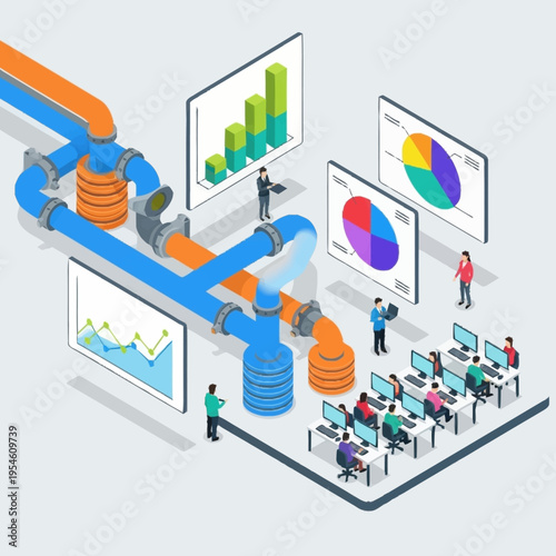Isometric illustration of data pipeline, analytics, and data science training with people and charts.