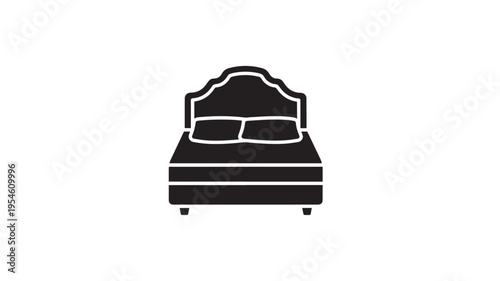 Bed icon with pillows and upholstered headboard, simple black silhouette symbolizing rest and sleep.