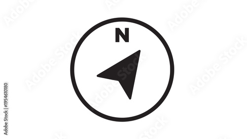 Compass icon with black north indicator and arrow on a white background, simple navigational tool featuring navigation, direction, pointer with map