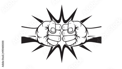Fists bumping in a black and white comic style, symbolizing unity, agreement, or celebration with sharp abstract lines radiating outwards.