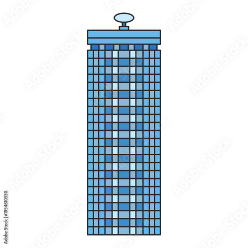 Modern skyscraper with glass facade and rooftop antenna isolated on white background. Contemporary high rise architecture. Illustration.