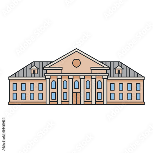 Classical palace building with columns and triangular pediment isolated on white background. Historic architecture.