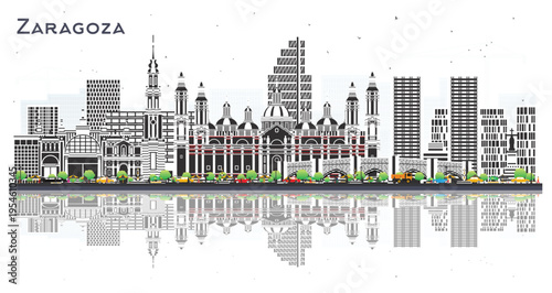 Zaragoza Spain City Skyline with Color Buildings and reflection isolated on white. Zaragoza Cityscape with Landmarks. Business Travel and Tourism Concept with Historic Architecture.