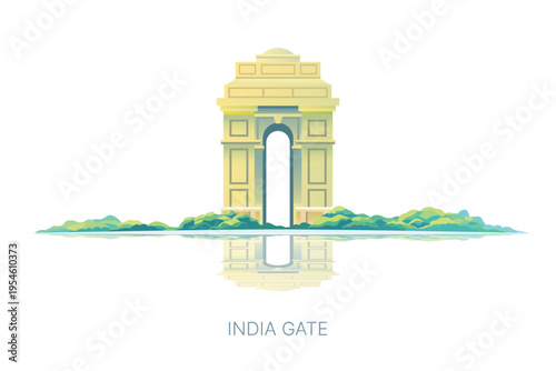 India Gate landmark in New Delhi with reflection, minimal flat illustration isolated on white background, travel and tourism concept.