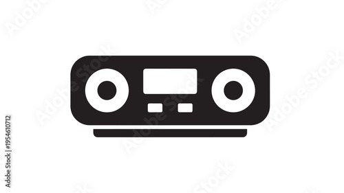 Stereo music player icon with dual speakers and central display screen, representing vintage audio equipment.