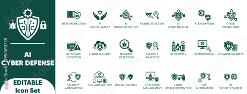 AI Cyber Defense Icon Set. firewall, server, network, graphic, secure, security, privacy, shield, encryption, illustration, and solid icons.
