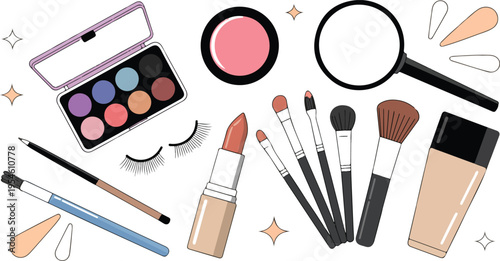 Hand drawn cosmetics set with mascara lipstick eyeshadow brush concealer sponge and beauty products trendy doodle outline vector illustration