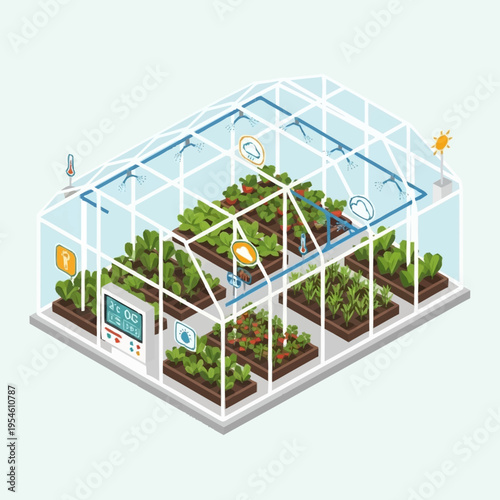 An isometric illustration of a smart greenhouse with automated systems for plant cultivation and monitoring.