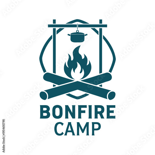 Blue bonfire camp with flames and camping pot on white background
