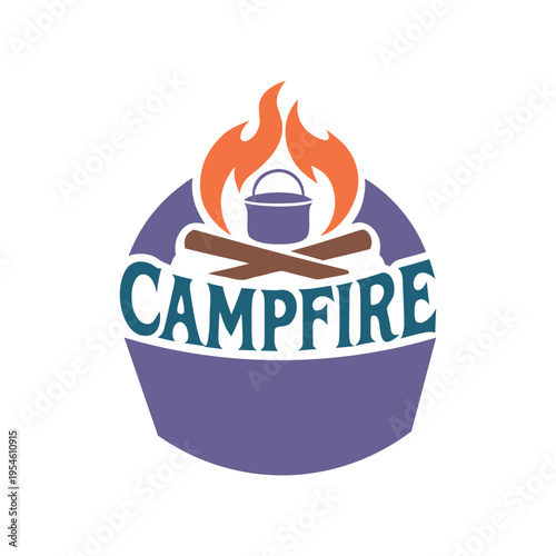 Blue hexagon badge with orange campfire and C A M P F I R E text flame