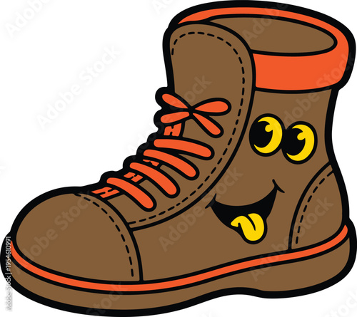 Brown boot with orange laces and trim cartoon character with smiling face