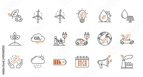 Collection of environmental sustainability and eco-friendly icons representing green energy.