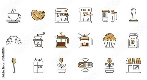 Collection of hand-drawn coffee shop and bakery related icons and illustrations.
