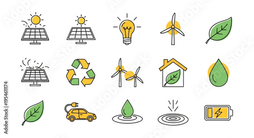 Collection of hand-drawn eco-friendly energy and nature icons for sustainable living.