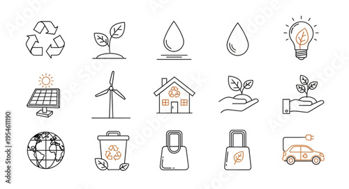 Collection of hand-drawn eco-friendly icons representing sustainability and environmental protection.