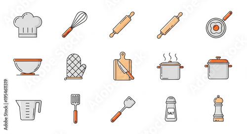 Collection of kitchen utensils and tools for cooking and baking.