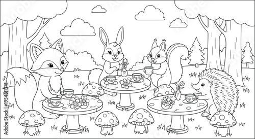 Cute forest animals having tea party coloring page for children