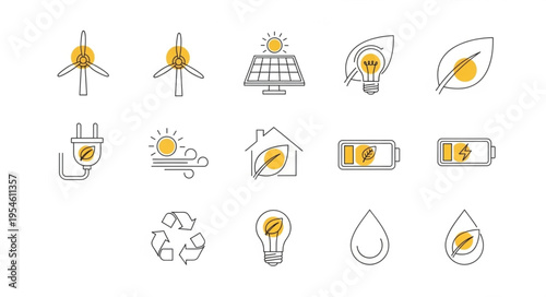 Collection of solar energy icons representing sustainable and renewable resources.