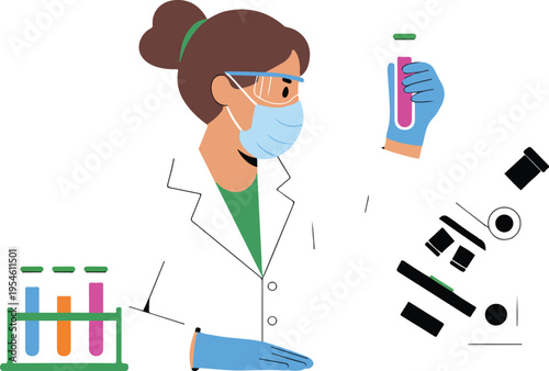 Female doctor scientist holding test tube in laboratory researching healthcare innovation and medical experimentation minimal outline vector illustration