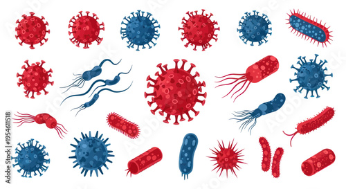 Microscopic Viruses and Bacteria Collection - Red and Blue Pathogens