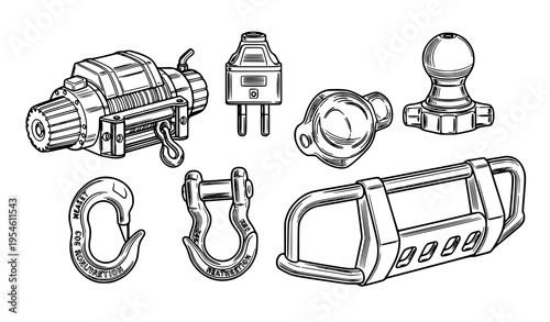 Heavy-duty towing accessories vector illustration in black outline on white background