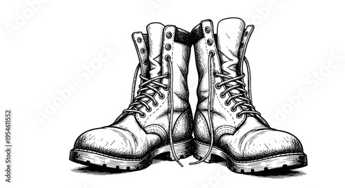 Vintage Leather Combat Boots Drawing, Military Style Footwear, Grunge Aesthetic