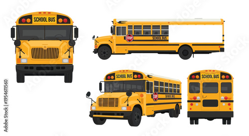 Yellow School Bus - Multiple Views: Front, Side, Back, and Perspective