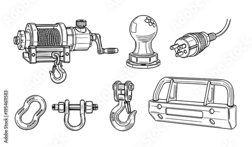 Towing equipment vector set including winch, tow ball, shackle, and recovery hook on white background