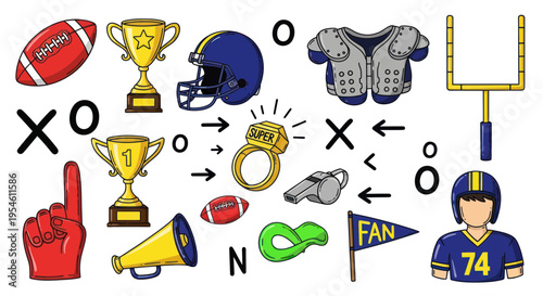 American Football Game Elements: Trophy, Helmet, Ball, Fan Gear & Play Symbols