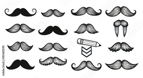 Doodle Mustaches Collection: Hand-Drawn Styles, Pencil Icon, Vintage & Modern