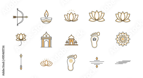 Collection of Indian cultural symbols and religious icons including lotus flowers, diyas, and architectural elements