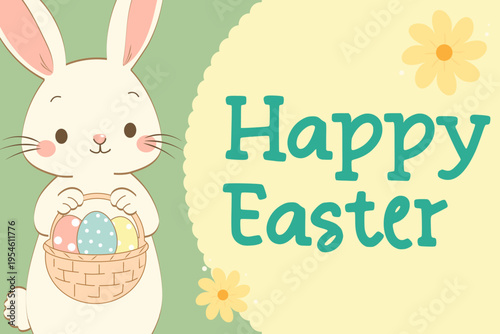Cute Easter Bunny Greeting Card with Flowers, Pastel Spring Holiday Illustration