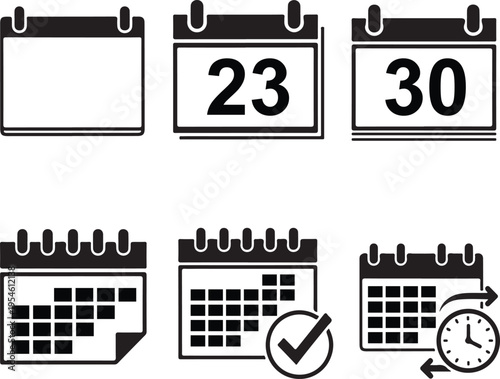Set of calendar icons including monthly views and specific dates with clock symbols and check marks for scheduling and time management applications