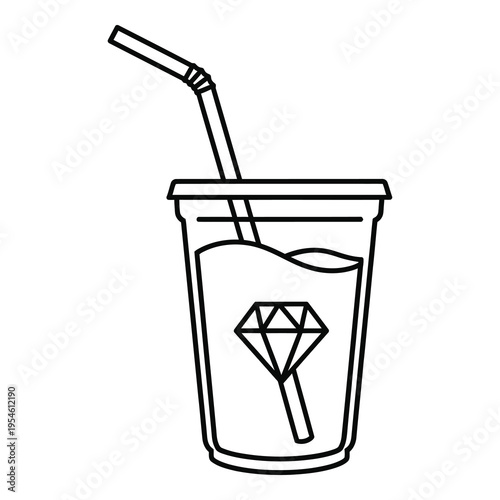 Black and white line drawing of a disposable cup with straw and ice  diamond logo icon