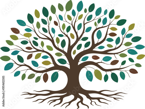 Tree of life with leaves and roots symbolizing nature growth balance and harmony minimal outline vector illustration design
