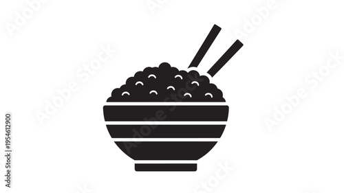 Bowl of rice icon with chopsticks in black simple flat style on white background featuring food, asian food, illustration with minimalist and cuisine