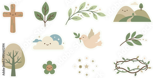 Pastel Kawaii Easter and Spring Icons: Nature and Faith Elements	