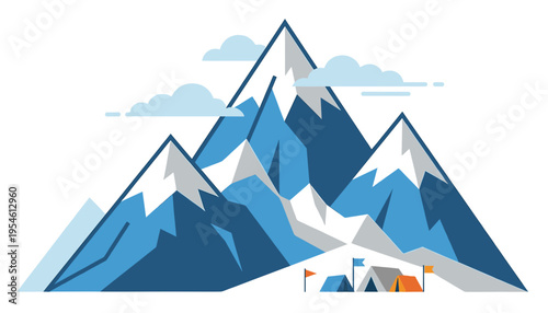 High Altitude Mount Everest Expedition Vector Scene With Mountain Base Camp And Colorful Tents Under Snowy Peaks Modern Flat Design For Camping And Adventure Travel