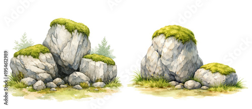 A watercolor vector set of mossy rocks for game assets, environment design and fantasy landscapes