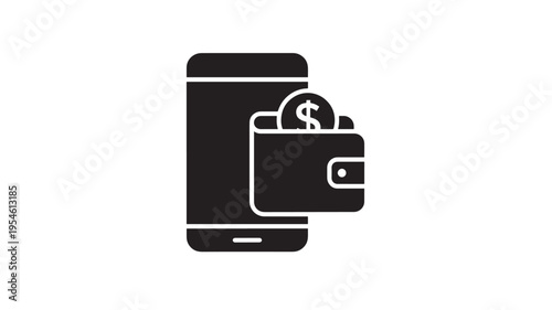 Smartphone and wallet icon with a dollar coin symbolizing mobile payments and digital currency transactions.