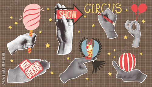 Circus vintage set. Halftone hands holding various  carnival symbols, cotton candy and show sign, tickets and different element. Retro collage