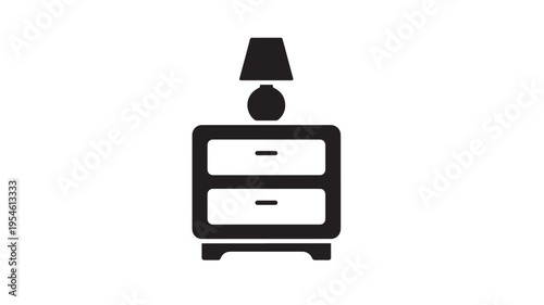 Nightstand with two drawers and a simple lamp on top, isolated black and white icon for furniture or bedroom decor.