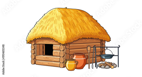 Rustic Log Cabin with Thatched Roof, Outdoor Cooking Setup, Primitive Dwelling Illustration